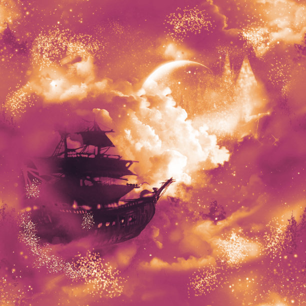 正方形大小的无缝图案插画，欧洲梦幻般的剪影城堡和海盗船漂流在月光下的夜空。图片下载