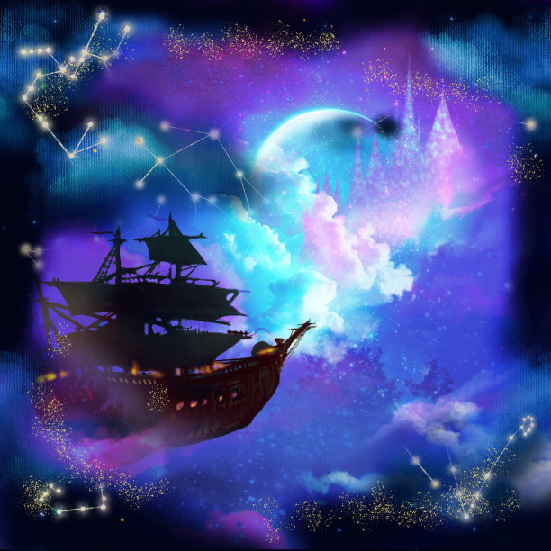 奇幻电影风格的真正方形尺寸的海盗船在月光下的夜空中漂流与欧洲城堡的剪影插图。图片下载