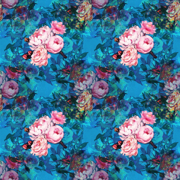 正方形无缝图案插图的植物花束玫瑰，牡丹和牡丹。图片下载