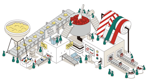 圣诞节时忙碌的礼品包装工厂的等距插图图片下载