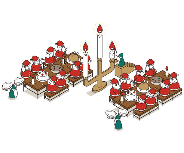 圣诞老人和朋友们愉快地吃饭的等距插图图片下载