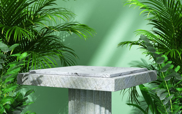 3d渲染热带森林中的空石平台，用于产品展示和绿色背景的库存照片图片下载