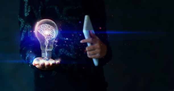 手握灯泡与大脑内部和低聚线框外部。创意和创新灵感。好主意。图片下载