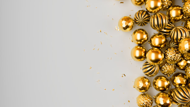 新年快乐，金灿灿的小玩意，圣诞装饰。逼真的3d渲染插图金球在白色背景图片下载
