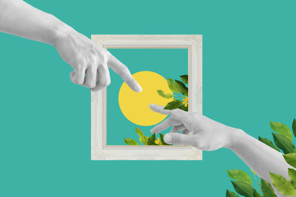 数字拼贴现代艺术。手伸出来，手指对指，带着植物和花朵图片下载