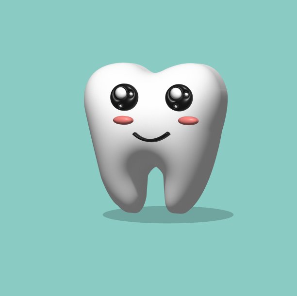 浅蓝色背景上有一个笑脸的卡通牙齿图片下载