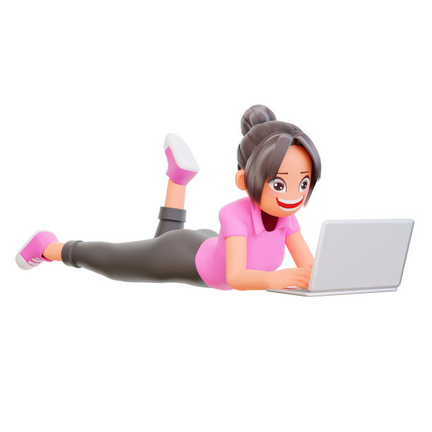 一个快乐的女孩形象的3D渲染与笔记本电脑在一个白色的背景图片下载