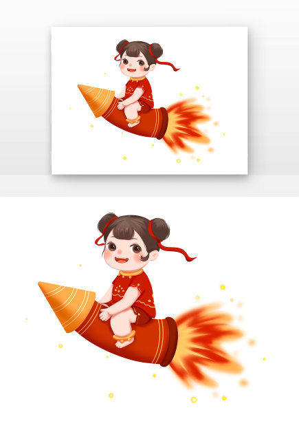 红色新年福娃红飘带骑在红色火箭上元素图片下载