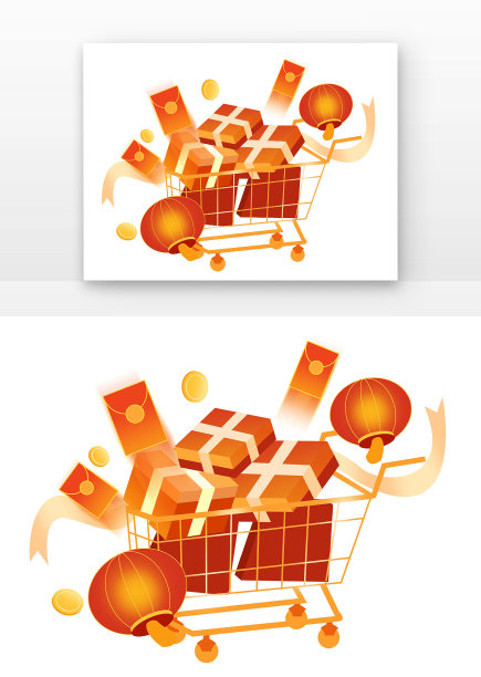 年货节购物车和年货红色喜庆礼物红包红灯笼图片下载