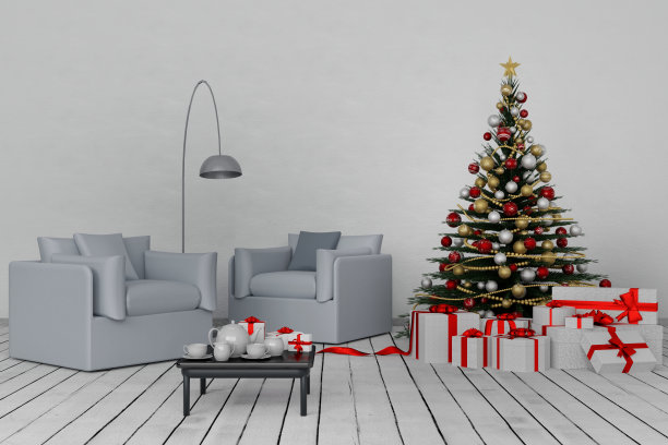 圣诞节。客厅的圣诞树- 3D插图图片下载