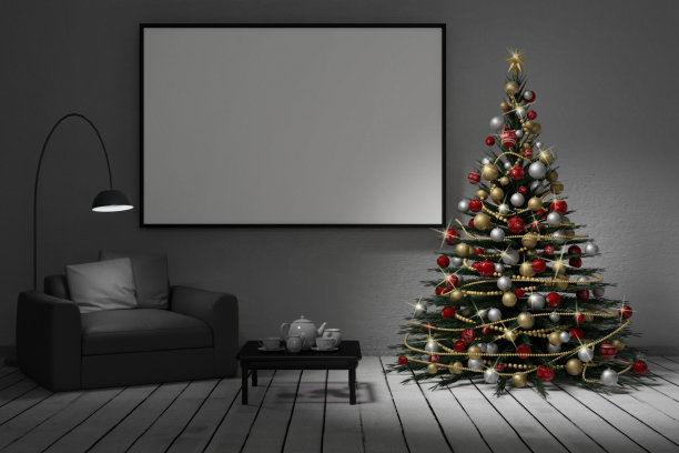 圣诞节。客厅的圣诞树- 3D插图图片下载