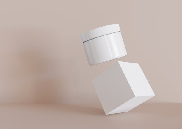 白色和空白，无品牌化妆品面霜罐与立方体在米色背景。护肤品展示。现代模拟。护肤、美容和水疗。带有复制空间的Jar。3 d渲染。图片下载