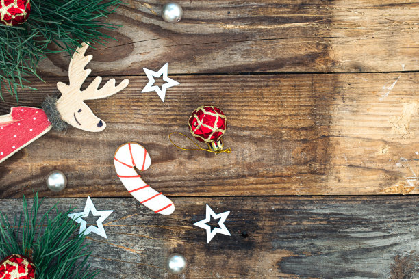 木制圣诞背景与装饰细节，平坦的铺设。图片下载
