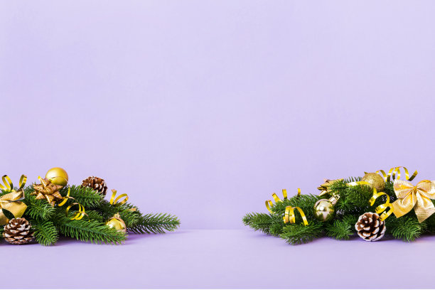 新年圣诞树玩具，圣诞树的树枝，彩色背景的新年装饰品图片下载