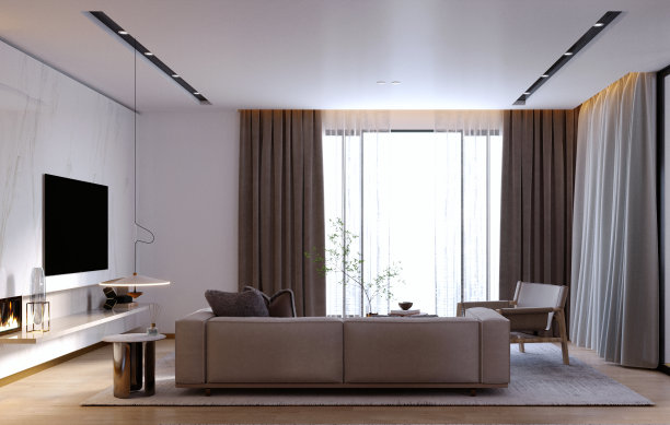 3d效果图，3d插画，室内场景和模型，客厅室内现代风格墙白，家具木质，照明设计师。图片下载