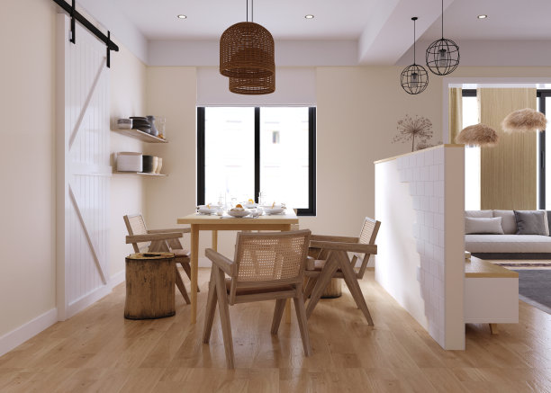 3d渲染，3d插图，室内场景和模型，客厅和厨房室内，斯堪的纳维亚风格的墙白色和米色。图片下载