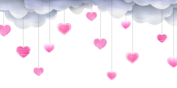 灰色的云朵上悬挂着不同质地的粉色心形。水彩插图。情人节系列的木板。登记和设计邀请函，明信片，海报。图片下载