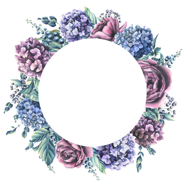 绣球花，玫瑰和装饰叶，浆果，桉树枝。水彩插图。圆形花环，框架从集合婚礼花。用于邀请、证书、明信片图片下载