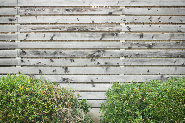 木栅栏前的绿色灌木，留有留言板图片下载