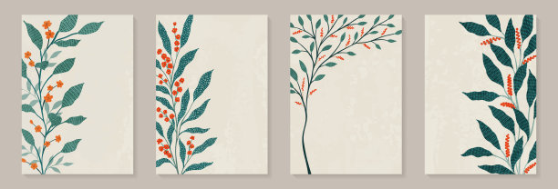 创意极简抽象艺术背景与树叶、树枝和手绘涂鸦花卉植物。抽象的叶子。设计墙壁装饰，明信片，海报或小册子图片下载