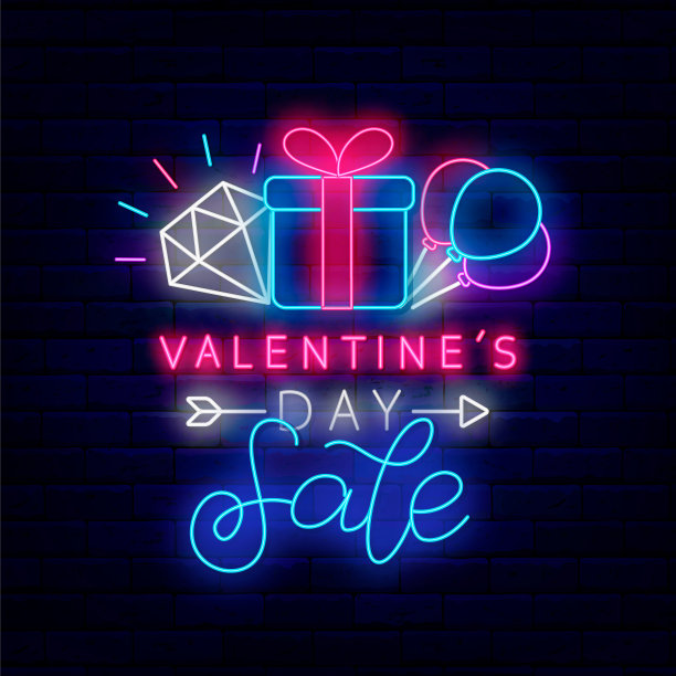 情人节大甩卖霓虹灯招牌。二月的庆祝活动。夜总会活动。矢量股票插图图片下载