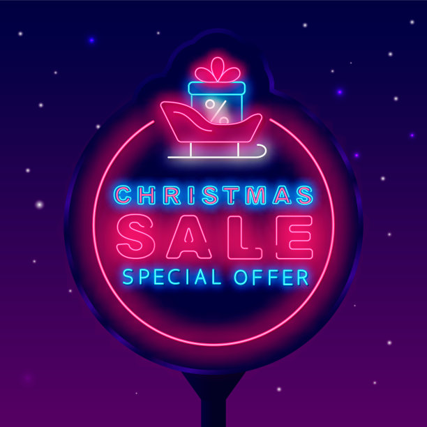 圣诞大甩卖霓虹街广告牌。圈框架。圣诞老人的雪橇和礼品盒。矢量股票插图图片下载