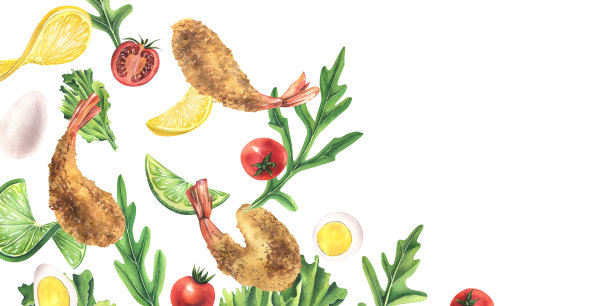 虾仁薯条，配料漂浮在空中:芝麻菜、鹌鹑蛋、圣女果、酸橙、柠檬。水彩插图。构图来自虾集合。设计菜单，食谱，沙拉。图片下载