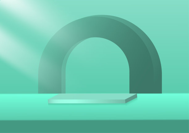 矢量插画展示产品背景粉彩抽象讲台站圆绿色方形拱门半圆。图片下载
