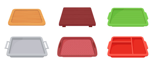 一套塑料食物托盘。在快餐店和自助餐厅用来盛食物和服务的托盘。用木头、金属和塑料制成的托盘。矢量插图。图片下载