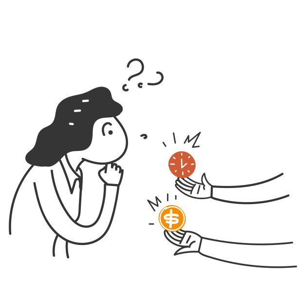 手绘涂鸦商业女性困惑于在金钱和时间之间选择插画图片下载