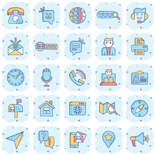 联系我们的图标设置在漫画风格。白色孤立背景上的移动通信卡通矢量插图。电话飞溅效应的经营理念。图片下载