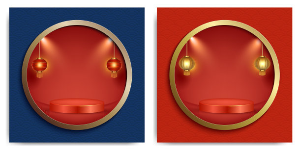 中国新年网上促销活动的圆形红色舞台平台，带有东方3d元素图片下载