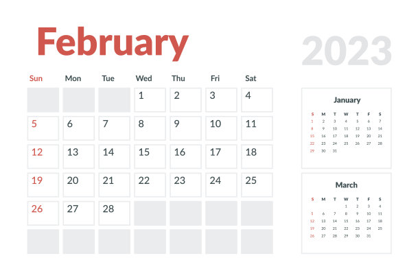2023年2月日历模板。矢量布局简单日历与周开始周日。图片下载