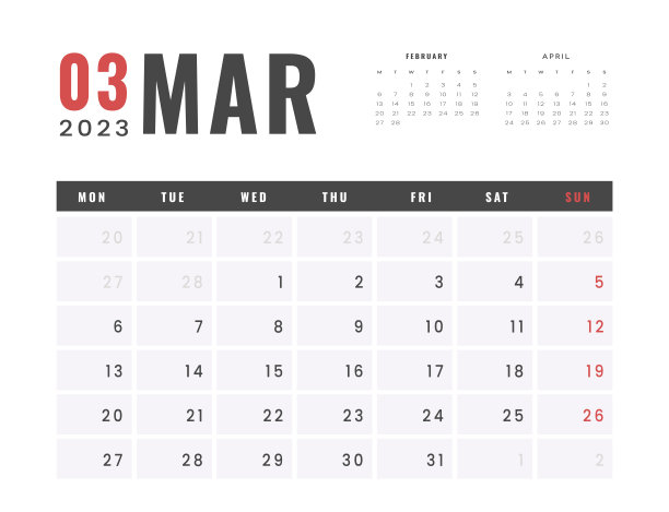 2023年3月月历模板。矢量简单的灰色网格布局的墙壁或办公桌日历与周开始在周一打印图片下载