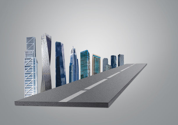 三维插图笔直的道路与云或永不结束的道路设计广告。城市的天际线与一块孤立的土地。拉威尔和度假路广告。图片下载