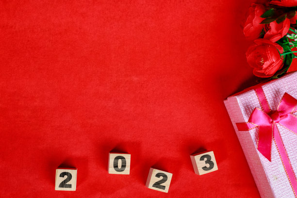 礼品盒和鲜花和骰子与2023图标图像有复制空间图片下载