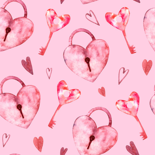 水彩无缝手绘情人节图案，紫色和粉色，非常围心，锁或包，钥匙与花卉动机，几何设计和心形图片下载