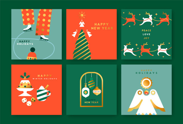 圣诞新年复古金民间装饰套装图片下载