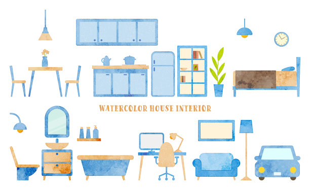 一组矢量水彩家具插图(蓝色，米色)图片下载