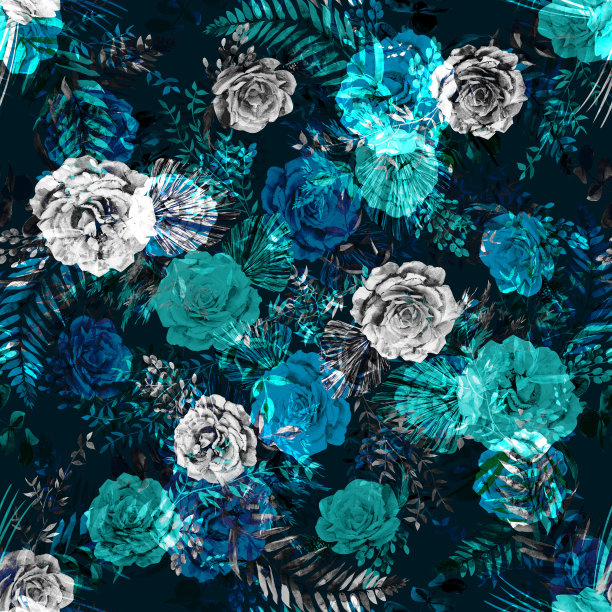 花园玫瑰和树枝的彩色逼真剪影花剪影图片下载