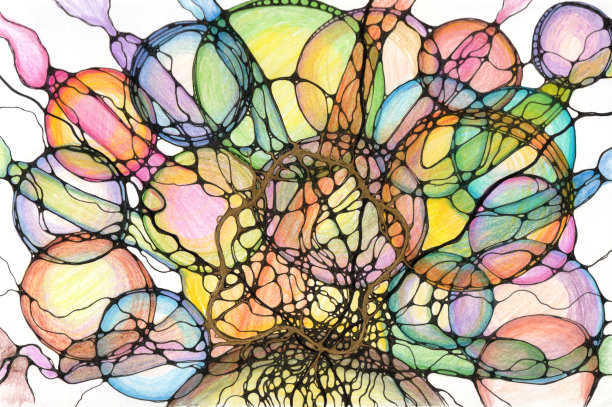 神经艺术图形概念插图球，泡泡和圆圈，彩色铅笔和记号笔绘制。背景和独特的质感。图片下载