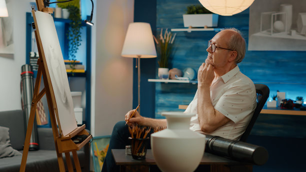 老艺术家看着花瓶的灵感创造艺术素描图片下载