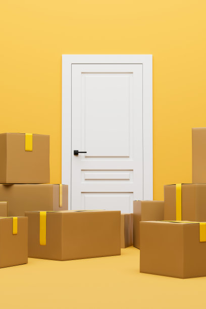 把包裹装在盒子里送到门口。三维渲染图片下载