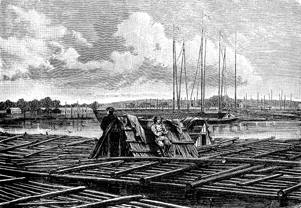 维斯拉河上的木筏手带着他们组装的树干顺流而下图片下载