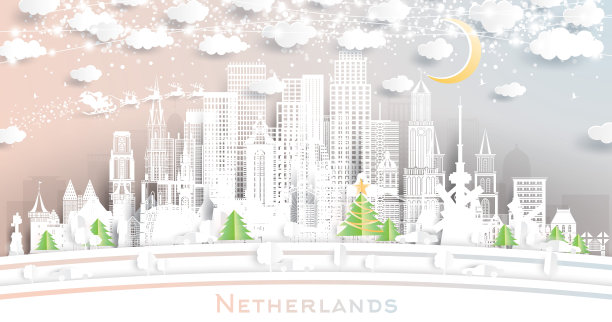 剪纸风格的荷兰天际线与雪花，月亮和霓虹花环。图片下载