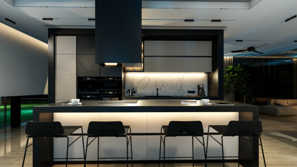 三维渲染的现代舒适的室内，在晚上有客厅，餐厅，楼梯和厨房图片下载