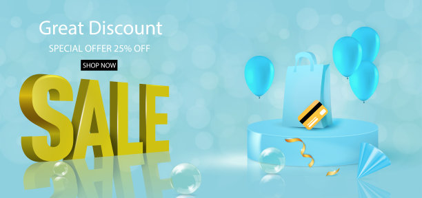 现实的销售横幅在蓝色与金色的字母。邀请函设计模板。图片下载