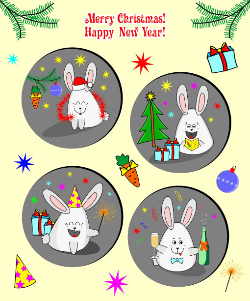 一套贴纸可爱有趣的兔子庆祝新年和圣诞节，卡通风格。图片下载
