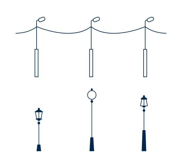 线条艺术城市和户外照明元素。城市城镇反对。概述路灯、灯柱和花园照明图片下载