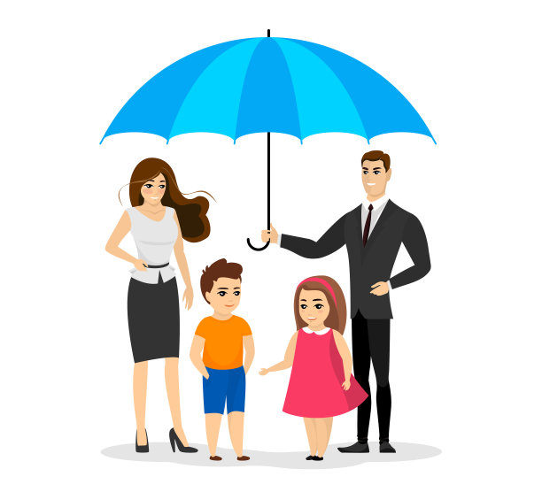 蓝色保护伞下的幸福大家庭。人寿及健康护理保险符号概念。可爱的父母带着孩子安全保健。照顾妻子和孩子的丈夫。矢量图图片下载